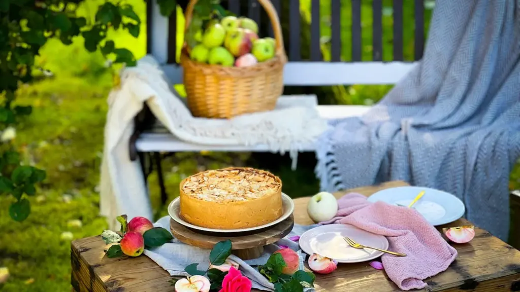 Ein köstlicher Apfelkuchen mit Streuseln auf einem rustikalen Holztisch im herbstlichen Garten.