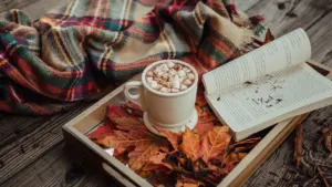 Eine Tasse heißer Kakao mit Marshmallows und ein Buch auf einem herbstlichen Tablett.