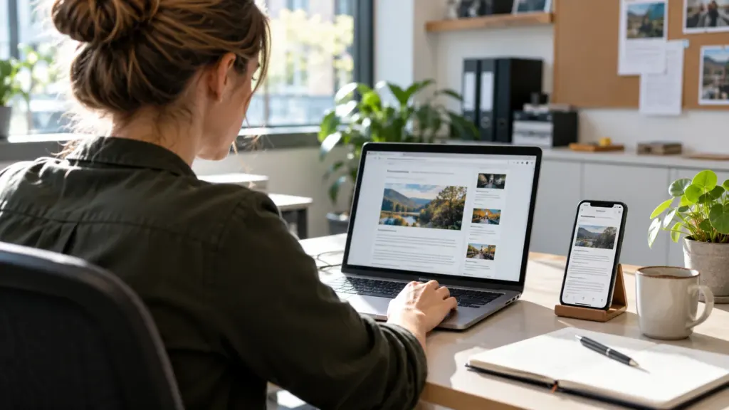 Illustration: Eine Website wird auf einem Smartphone im Ständer neben einem Laptop geprüft.