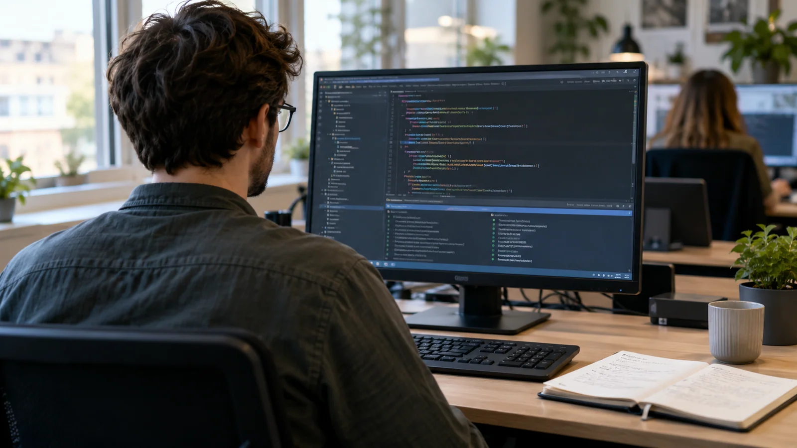 Illustration: Eine Person prüft Quellcode und Tests auf einem Computerbildschirm.